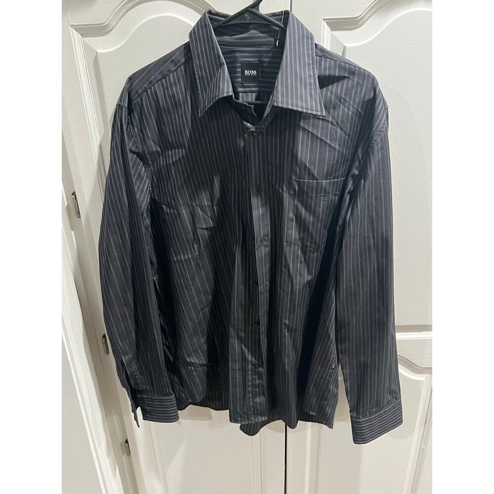 Hugo Boss Dress Shirt XL Black Gray Pinstripe Long Sleeve Button Front Men